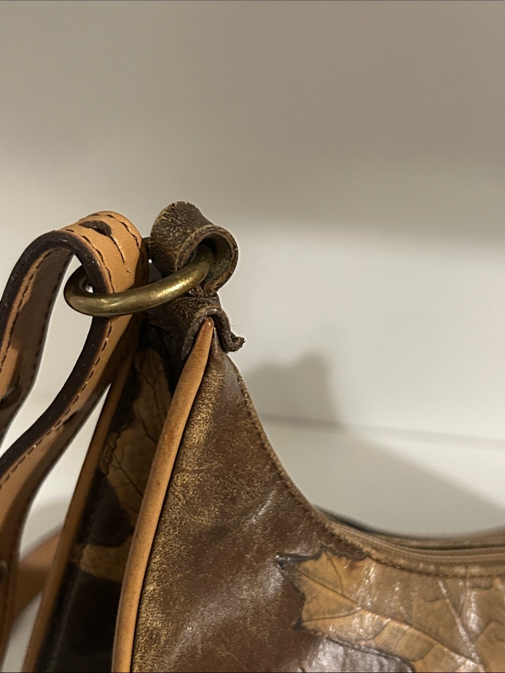 Brahmin Brown Leather Shoulder Bag with Tan Leaf Accents - Picture 8 of 12